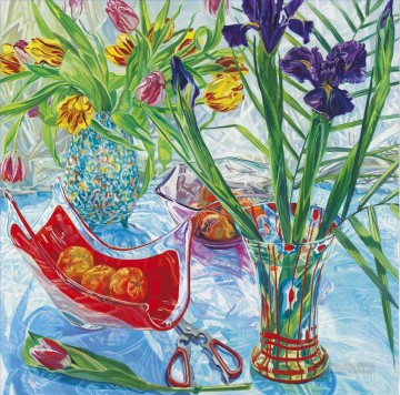 Photorealism Still Life Painting - Irises and Red Vase JF realism still life